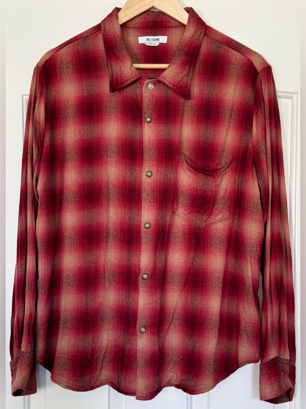 RE/DONE 60s Plaid Shirt Burgundy Tan Rayon Snap Front L